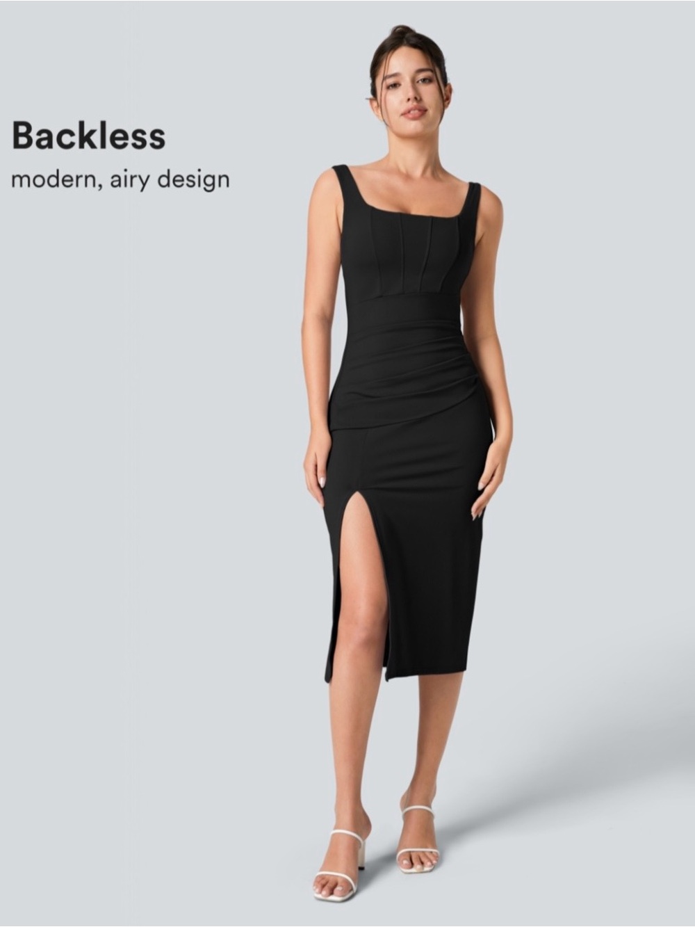 HALARA Black Backless Square-Neck Midi Bodycon Dress with Side Slit